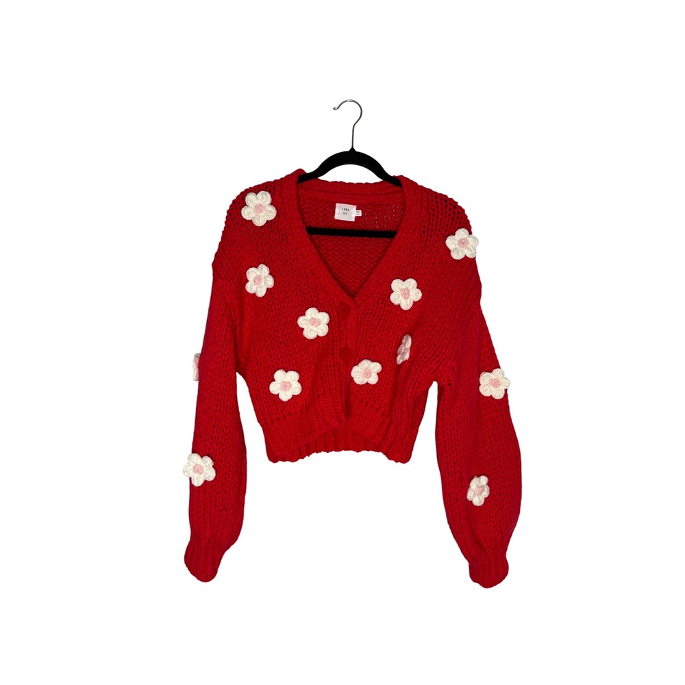 Luna Ivy Crochet Flower Cardigan Womens Medium Red Excellent 3D Floral Knit